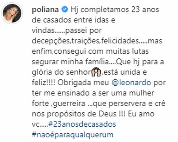 Poliana Rocha, esposa de Leonardo, posta homenagem e sugere traição do cantor no aniversário de 23 anos de casados dos dois. Crédito: Reprodução/Instagram @poliana