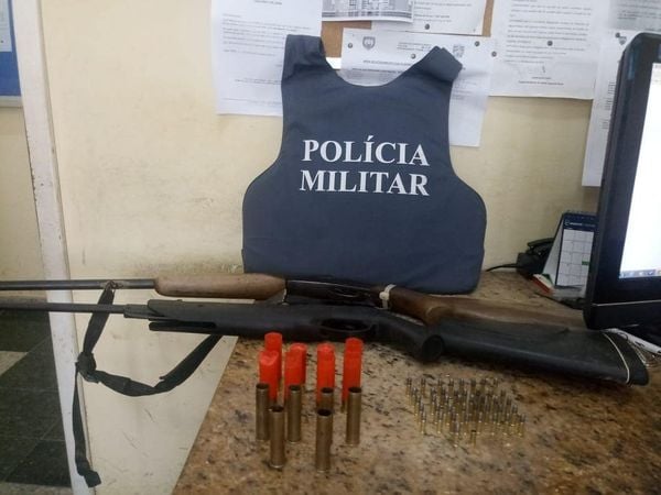 Além do animal abatido, a Polícia Militar também apreendeu armas e munições de diferentes calibres. Crédito: Polícia Militar / Divulgação