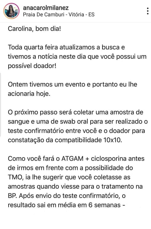 Médica capixaba publicou nas redes sociais o email que recebeu informando que havia um possível doador de medula óssea. Crédito: Reprodução Instagram