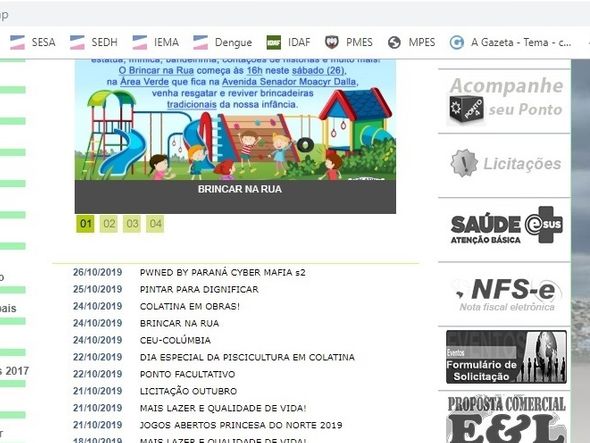 Invasão era visível na página inicial do site da Prefeitura de Colatina por Reprodução