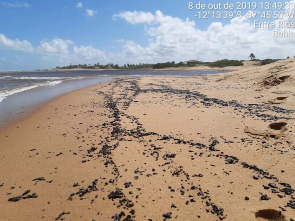 Fragmentos de óleo em praia no Sul da Bahia por Ibama