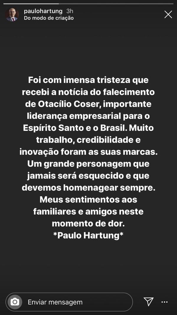 Paulo Hartung lamenta morte de Otacílio Coser. Crédito: Reprodução/Instagram de Paulo Hartung