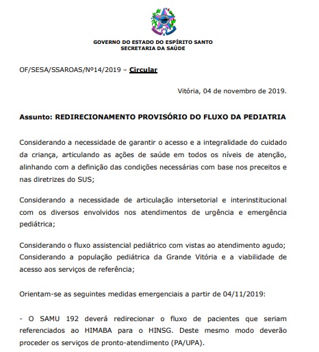 Circular da Sesa orienta que as equipes do Samu levem para o Infantil de Vitória os pacientes que iriam normalmente para o Himaba. Crédito: Reprodução