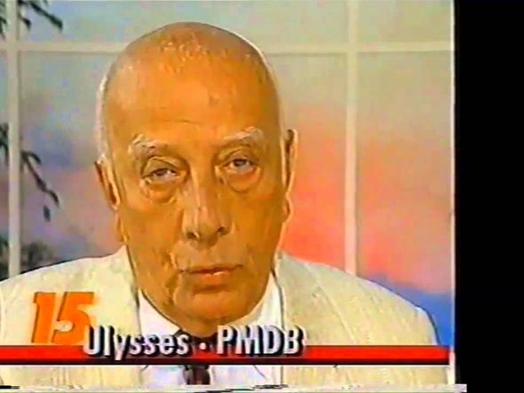 Ulysses Guimarães (MDB) ficou marcado como "pai da Constituinte", mas sua proximidade excessiva com José Sarney e a dificuldade em unir o PMDB o fez chegar ao final da campanha quase sem apoio por Divulgação