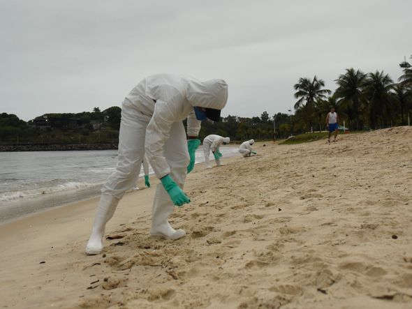 Data: 16/11/2019 - ES - Vitória - Militares da Marinha fazem busca na Praia de Camburi  por fragmentos de óleo que atingem a costa brasileira - Editoria: Cidades - Foto: Vitor Jubini - GZ por Vitor Jubini