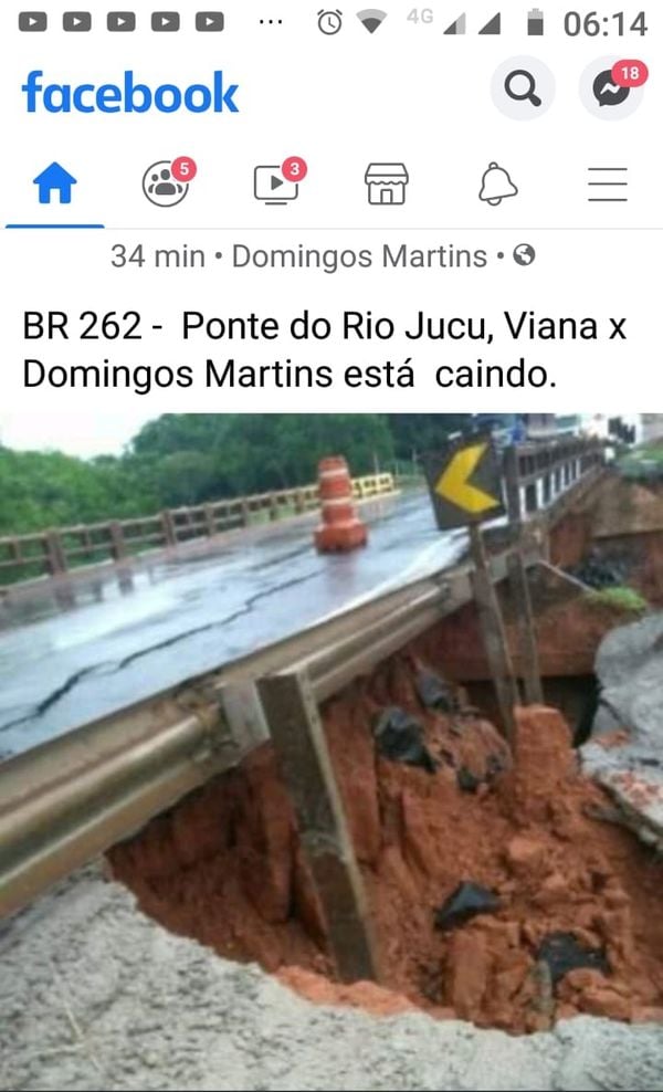 Imagem que circula nas redes sociais falando sobre queda da ponte sobre o Rio Jucu é falsa. Crédito: Internauta