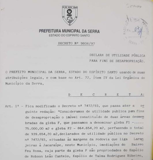 Decreto desapropriação 9806/97  da Prefeitura da Serra. Crédito: Reprodução