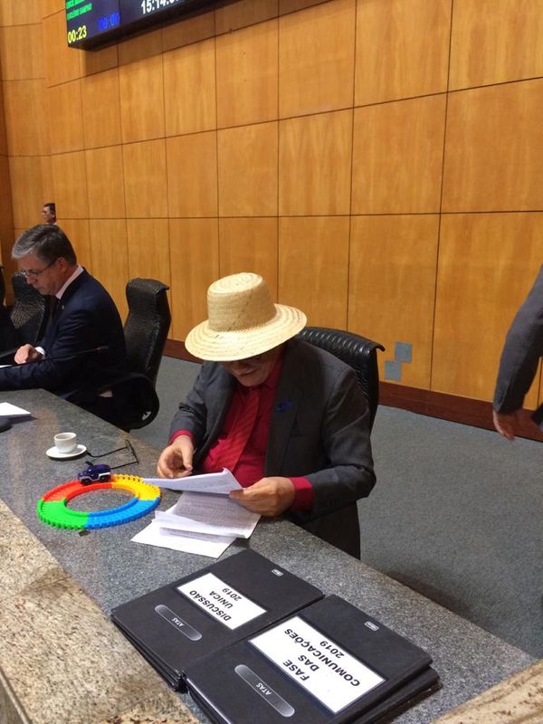 Enivaldo com o brinquedo na mesa diretora da Assembleia. Crédito: Divulgação