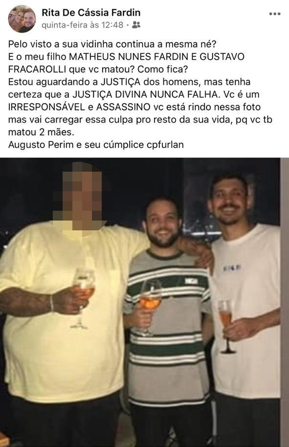 Post no Facebook feito pela mãe de Matheus Nunes Fardin. Crédito: Reprodução | Redes Sociais