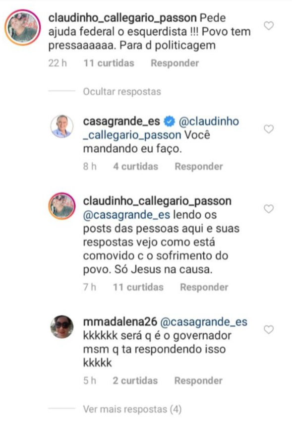 Perfil do governador Renato Casagrande responde seguidores. Crédito: Reprodução/Instagram