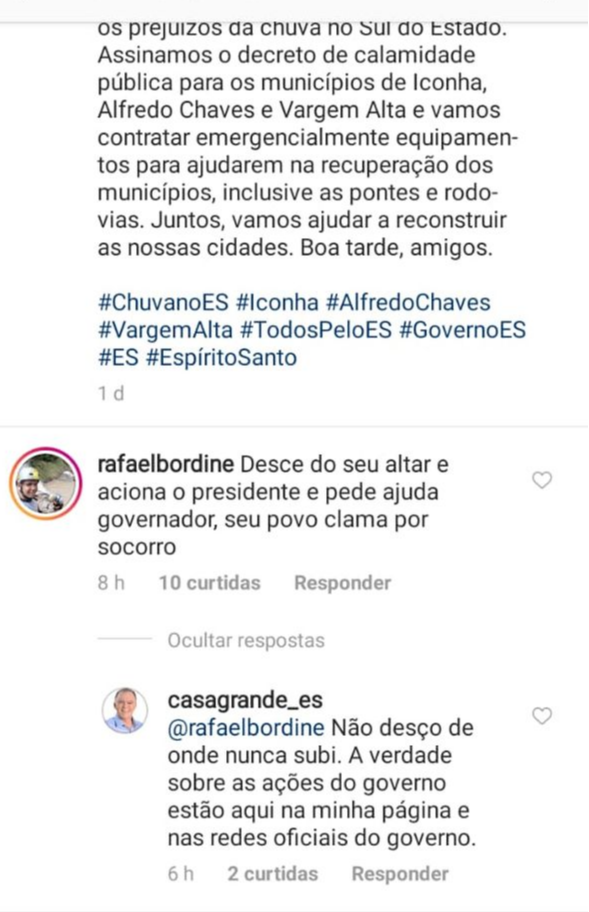 Perfil do governador do Estado no Instagram respondeu seguidores. Crédito: Reprodução/Instagram