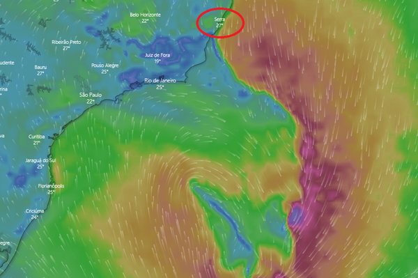 Imagens de satélite mostram a formação do ciclone próximo a costa do ES nesta quinta-feira (23). Crédito: Reprodução/Windy.com