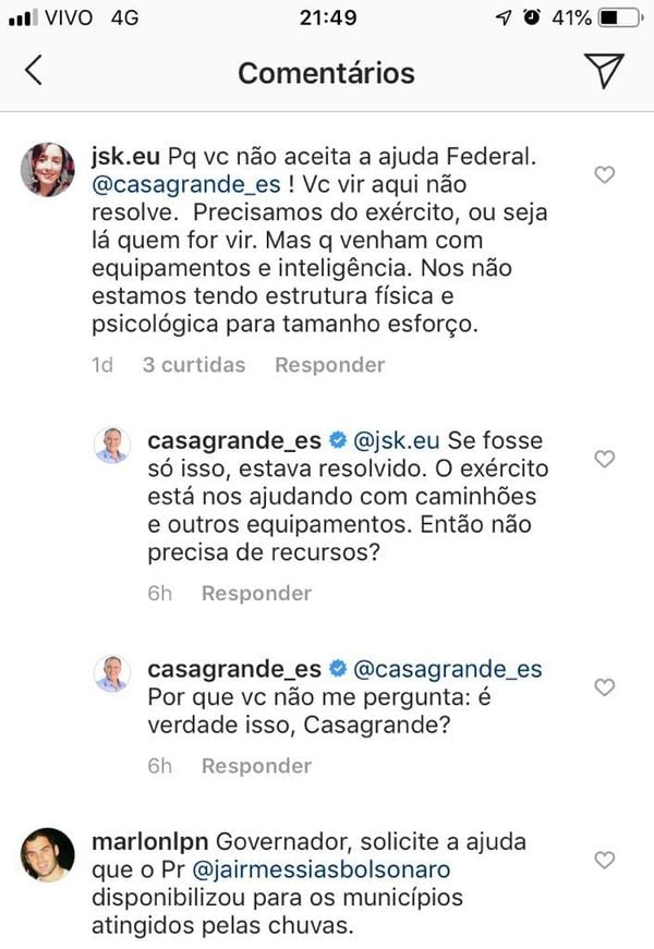 Perfil do governador Renato Casagrande responde seguidores