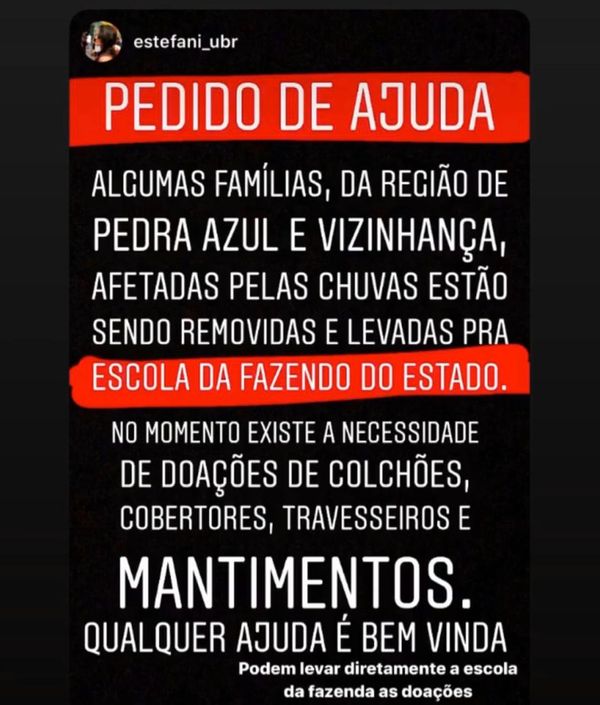 Pedido de ajuda para desabrigados de Aracê, em Domingos Martins. Crédito: Reprodução