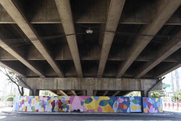 Data: 31/01/2020 - ES - Vitória - Murais coloridos pintados nos pilares da 3ª ponte pelos grafiteiros Handerson Chic e Fernando Sklu. A idéia partiu de Handerson, que teve o apoio do projeto A Arte é Nossa da PMV por Carlo Alberto Silva