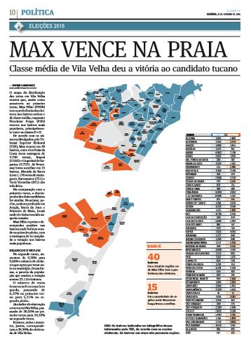 O mapa da votação em Vila velha em 2016: azul para Max, laranja para Neucimar. Crédito: A Gazeta (31/10/2016)