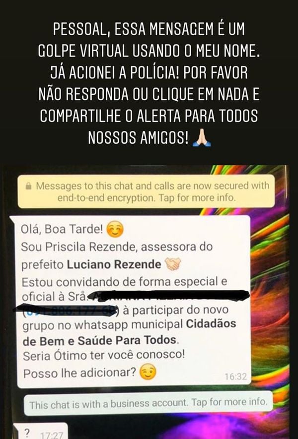 Luciano postou uma imagem da mensagem encaminhada a moradores de Vitória em nome dele. Crédito: Reprodução/Facebook