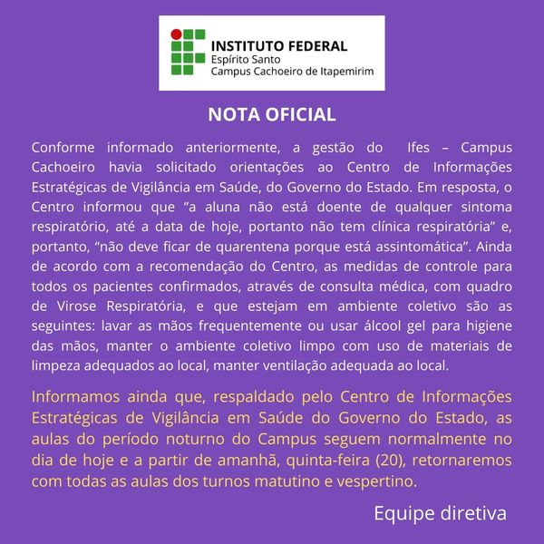 Nota do Ifes de Cachoeiro de Itapemirim. Crédito: Divulgação / Ifes