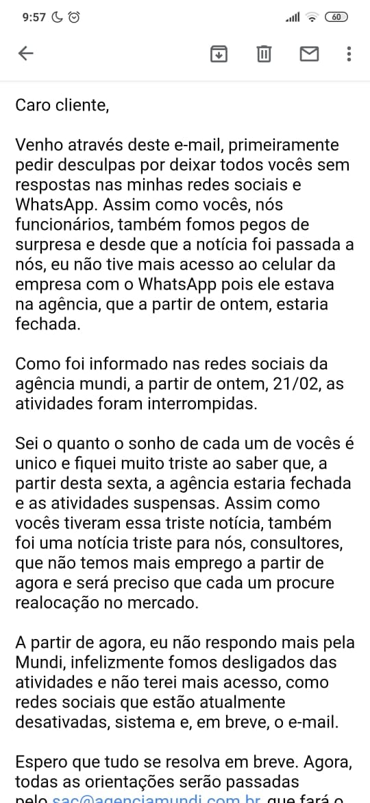 Email enviado aos clientes da Agência Mundi. . Crédito: Reprodução