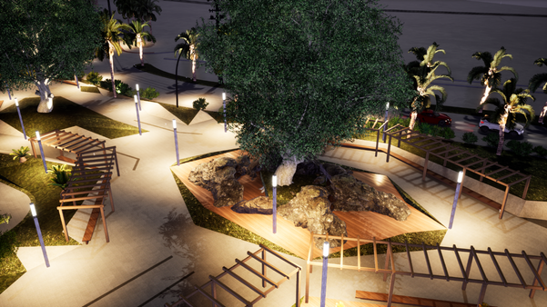 Projeção da visão noturna da futura área de lazer na Enseada do Suá. Crédito: Divulgação