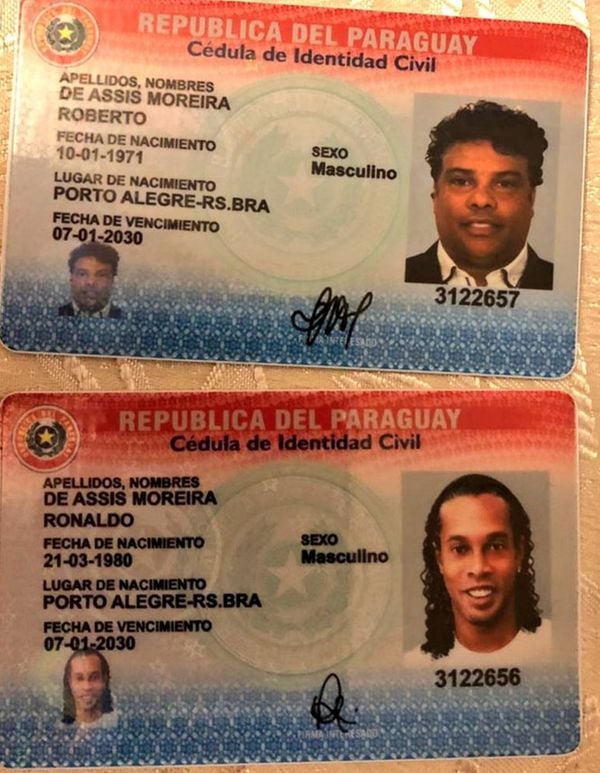 Fotos de documentos de identidade paraguaios com nomes de Ronaldinho e seu irmão, Assis. Crédito: Ministério Público Paraguai/ Reprodução