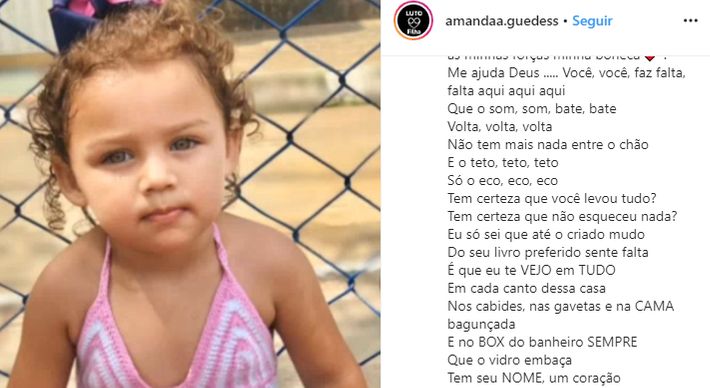 Amanda Guedes, mãe da pequena Alice, de 3 anos, que morreu vítima de bala perdida, fez um desabafo emocionante nas redes sociais: 'Entendo que há um propósito de Deus para todas as coisas, mas a dor da perda é impossível de não sentir. Isso me corrói'