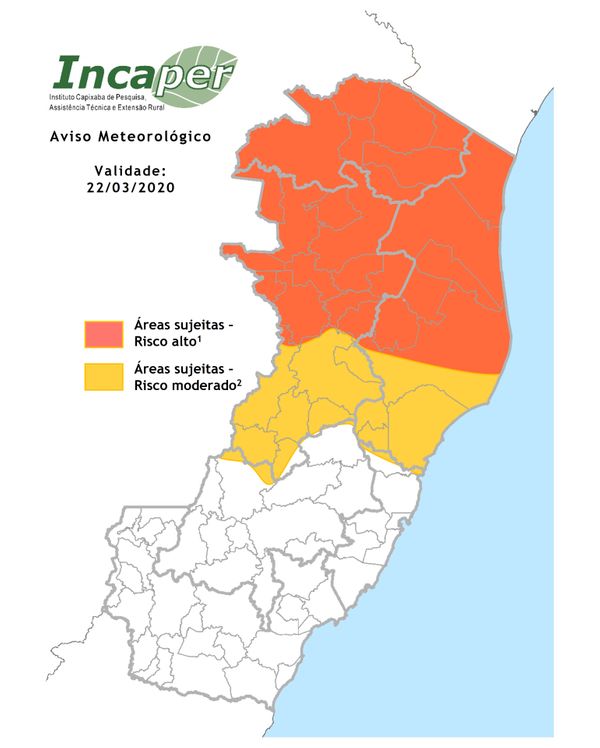Mapa mostra áreas de risco para chuvas fortes no ES neste domingo (22). Crédito: Reprodução | Incaper