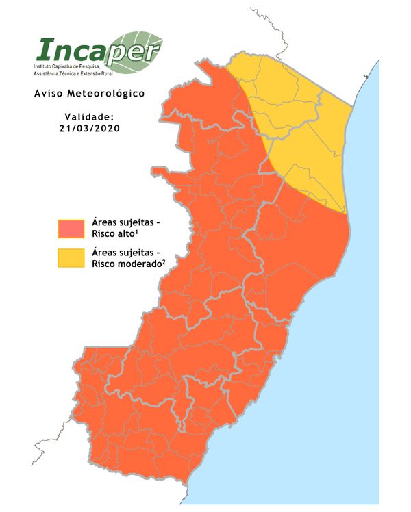 Mapa mostra áreas de risco para chuvas fortes no ES neste sábado (21). Crédito: Reprodução | Incaper