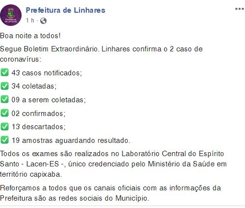 Prefeitura de Linhares confirma segundo caso de coronavírus. Crédito: Reprodução/Facebook