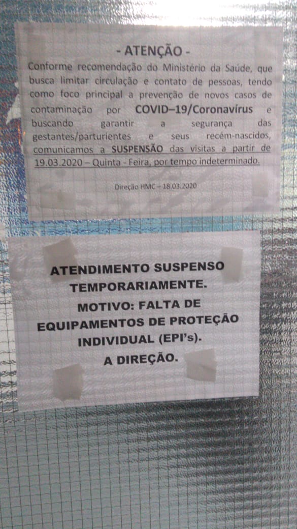 Cartaz alerta a suspensão temporária do atendimento do Hospital de Cobilândia, em Vila Velha