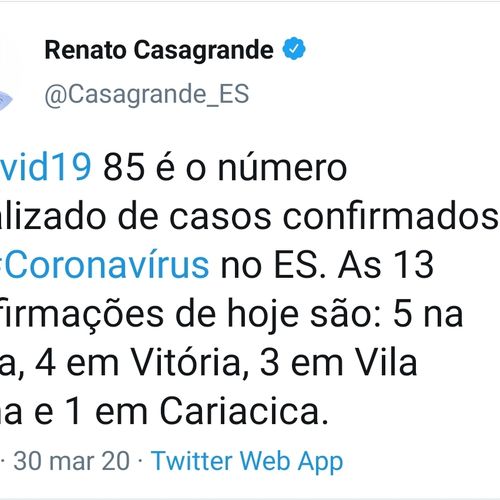 No Estado, são 85 infectados, de acordo com boletim da Secretaria de Estado da Saúde, divulgado na segunda-feira (30)