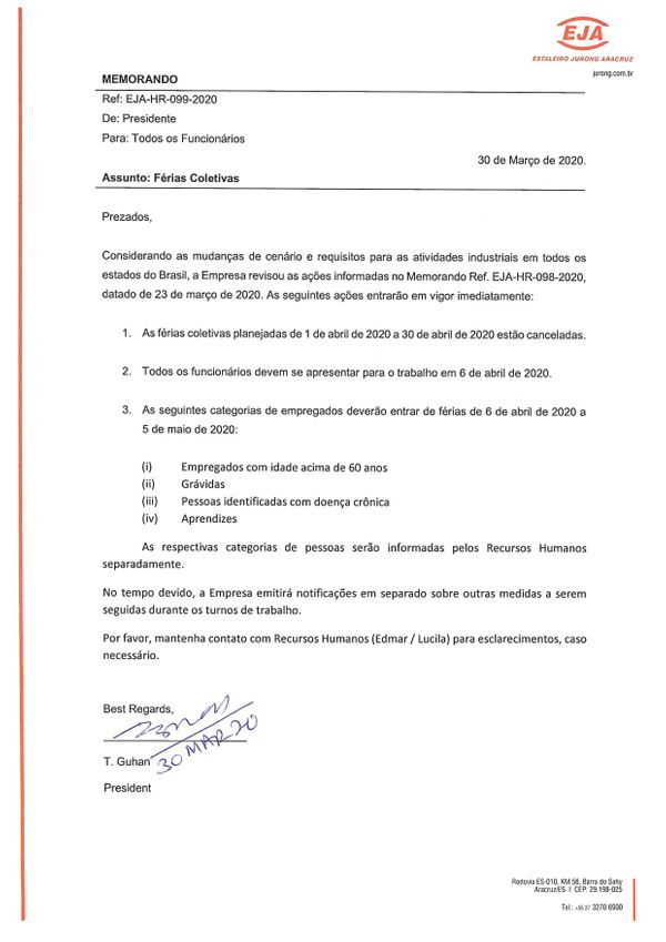 Comunicado da Jurong sobre suspensão das férias coletivas
