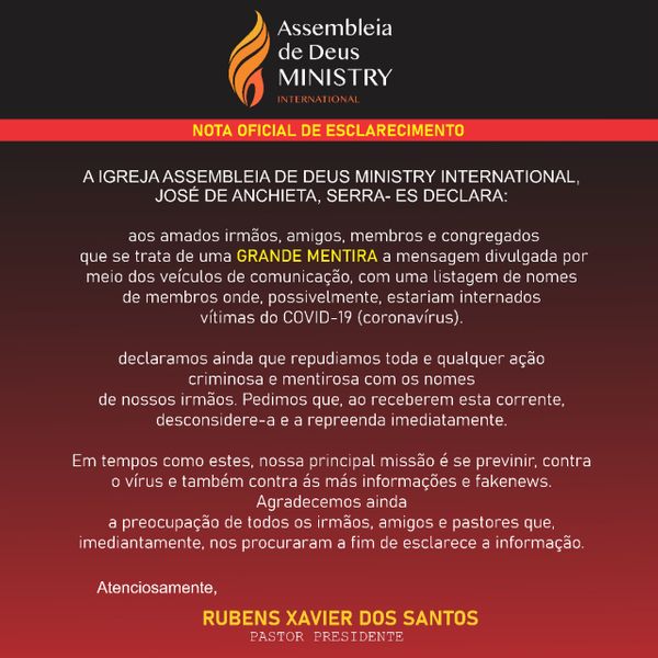 Igreja evangélica da Serra emitiu nota em que desmente notícias falsa sobre coronavírus