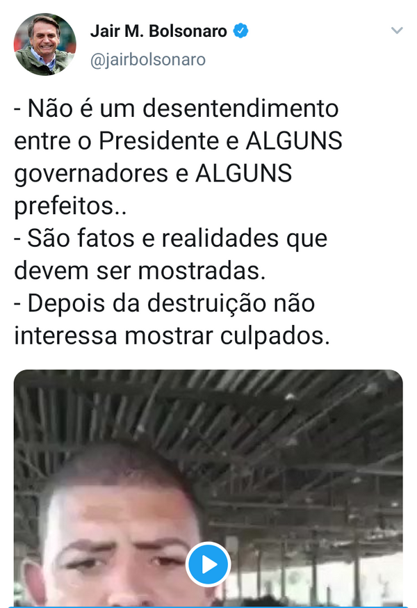 No Twitter, Jair Bolsonaro publica vídeo que falsamente diz que Ceasa de BH estava desabastecida. Depois, ele apagou