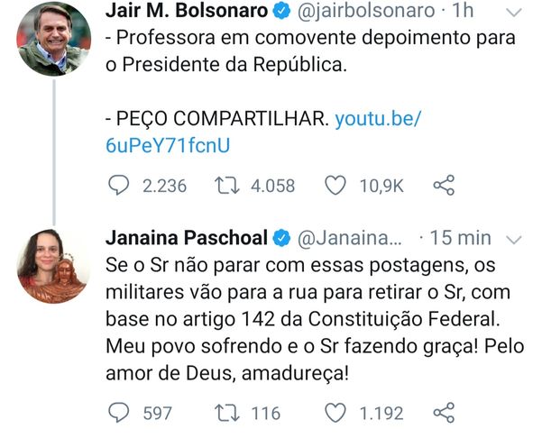 Deputada estadual Janaina Paschoal e o presidente Jair Bolsonaro em postagens no Twitter