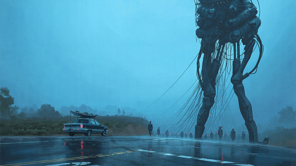 Pintura de Simon Stålenhag misturando ficção científica e realidade
