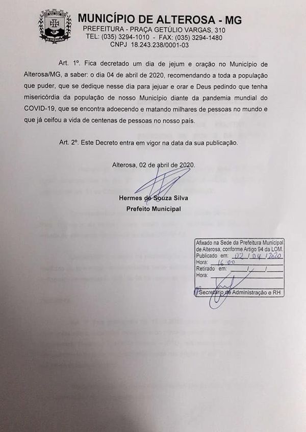 Decreto da Prefeitura de Alterosa que fala de jejum para combater coronavírus