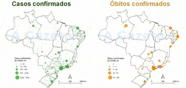 Mapa indica onde estão os casos e os óbitos confirmados no país