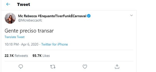 No Twitter, MC Rebecca expõe vontade de fazer sexo
