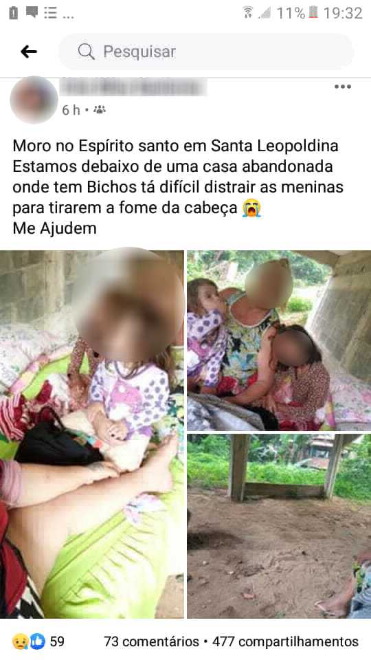 A moradora de Santa Leopoldina usou o Facebook para pedir ajuda aos amigos nesta quinta-feira (9)