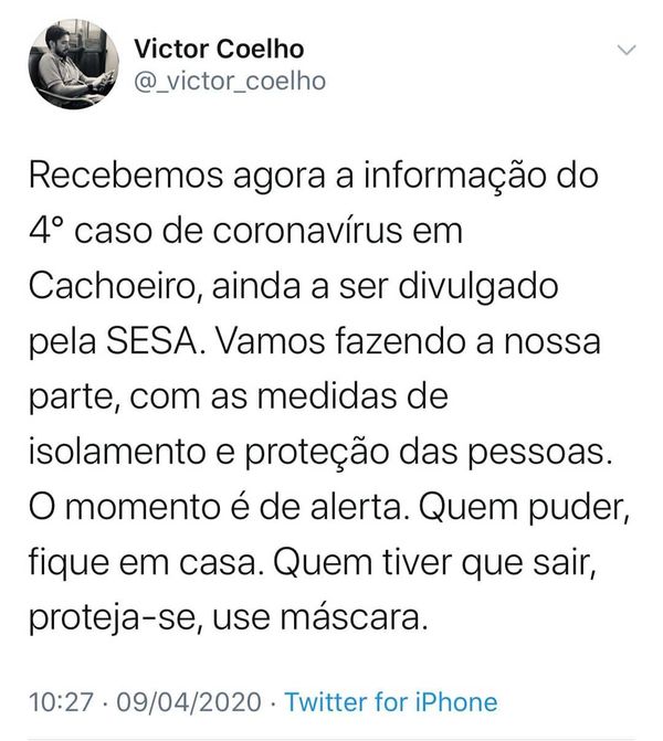 Prefeito de Cachoeiro confirma 4° caso de coronavírus na cidade
