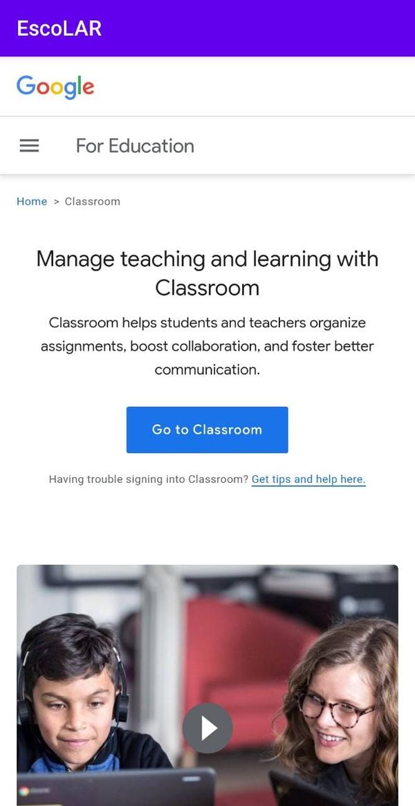 Dentro do aplicativo, plataforma de aulas do Google aparece com mensagens em inglês