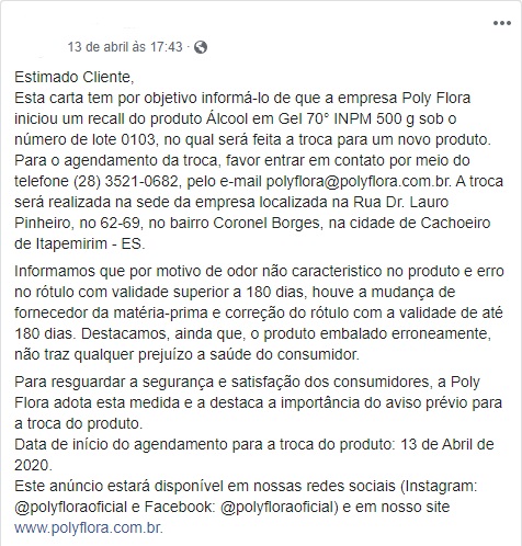 Empresa pediu para consumidores trocarem o álcool em gel