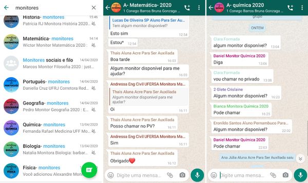 Grupos com os monitores são divididos por matéria e dúvidas são tiradas em conversas particulares para preservar o aluno