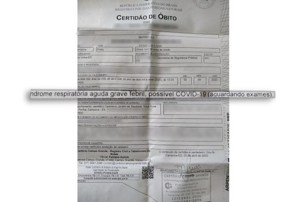 Certidão de Óbito de vítima de covid que foi enterrada em cemitério municipal de Cariacica