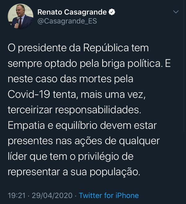 Casagrande fez publicação no Twitter