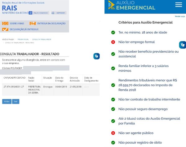 Registro da Rais e Auxílio emergencial (alguns dados foram apagados para proteger a fonte)