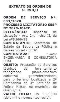 Dispensa de licitação feita pela Sesp para realização de serviços topográficos