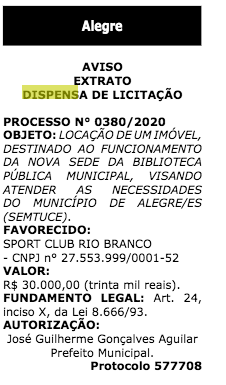 Dispensa de licitação para aluguel de imóvel em Guaçuí