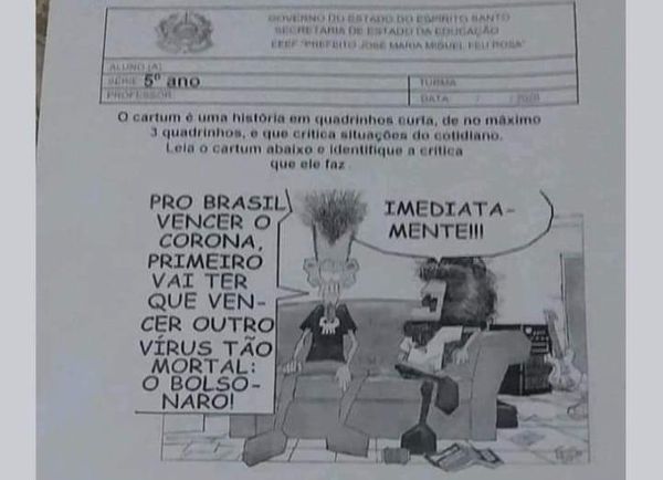 Exercício com crítica a Bolsonaro foi aplicado para alunos da 5ª série